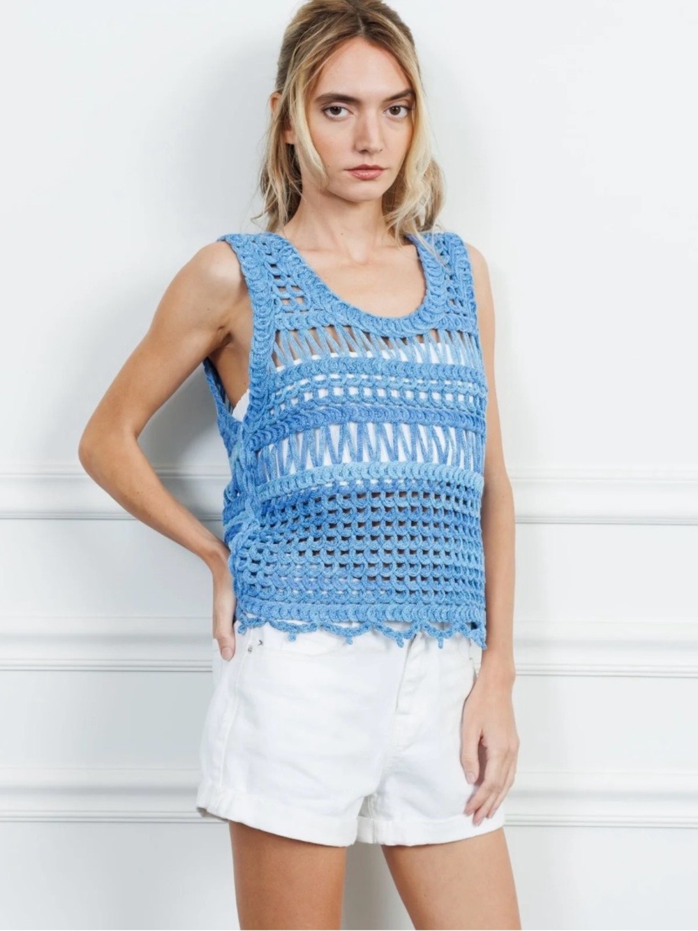 Ciebon Silas Blue Sleeveless Crochet Knit Layering Resortwear Top Size Small